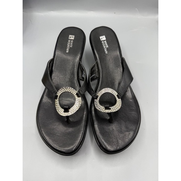 White Mountain Wedge Thong Sandals 9.5M Black Rhinestone Very Good Used‎ Glamour - Picture 3 of 8